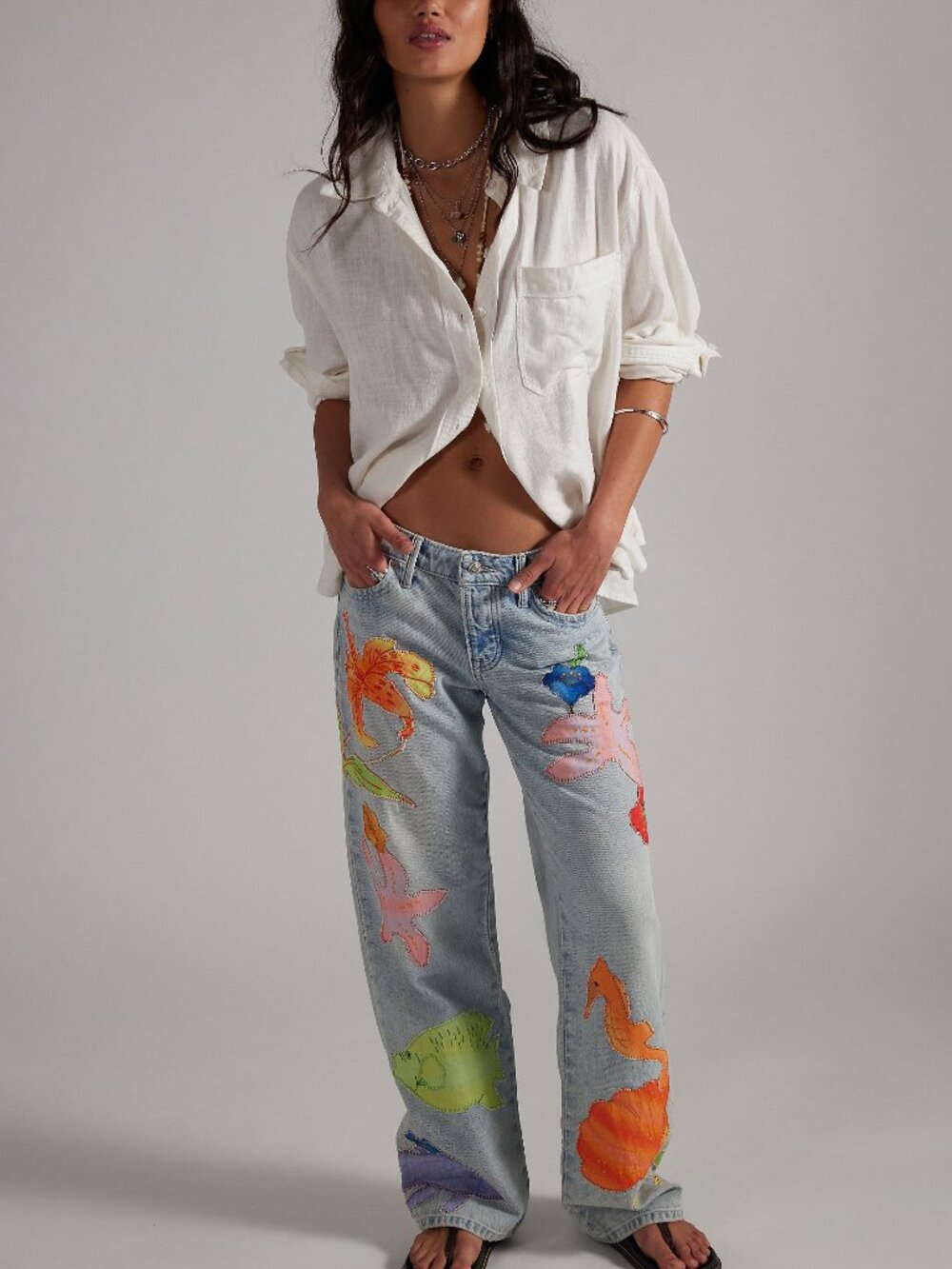 🆕 FREE PEOPLE We The Free Surfside Patched Jeans / Tropical Tide